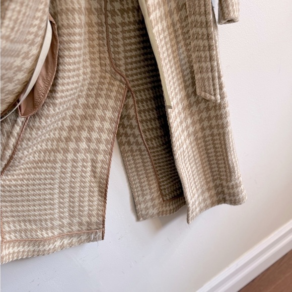 Vintage J. Crew Houndstooth long Wool Coat Tan Cream Size 4 P Checkered belted - Picture 15 of 16